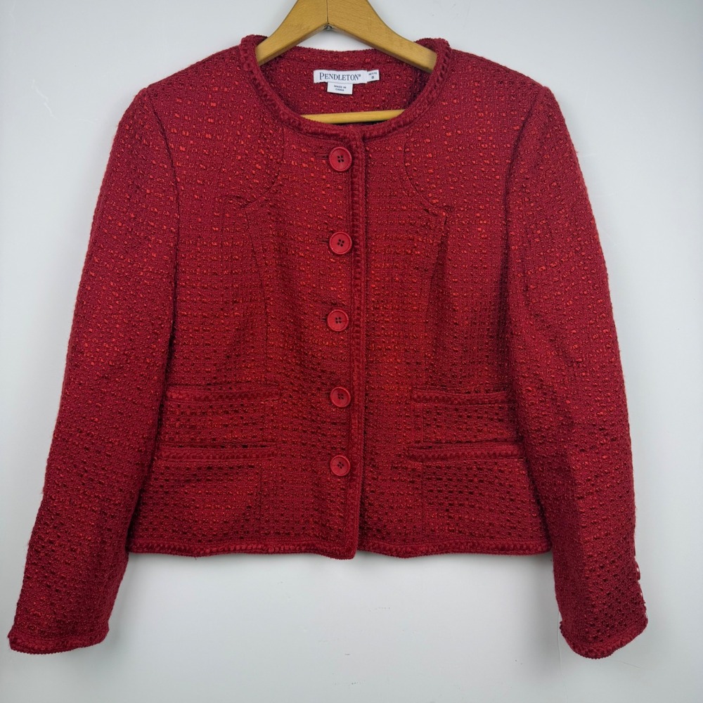 Pendleton Red Tweed Blazer Jacket Petite 8 Collarless Button Front Textured